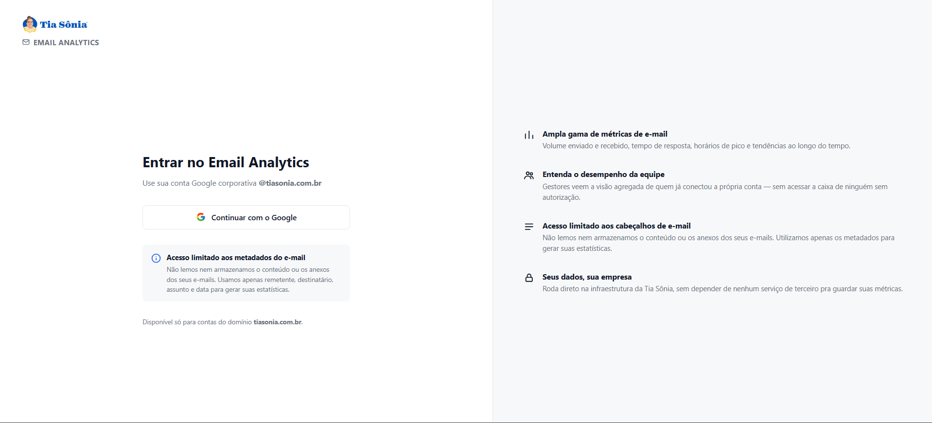 Tela de login do Email Analytics com login pela conta Google