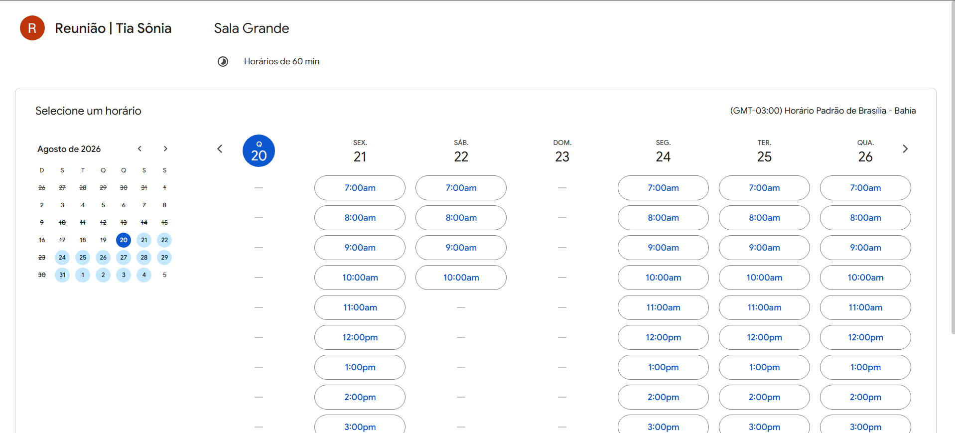 Lista de horarios disponiveis para reserva da sala escolhida