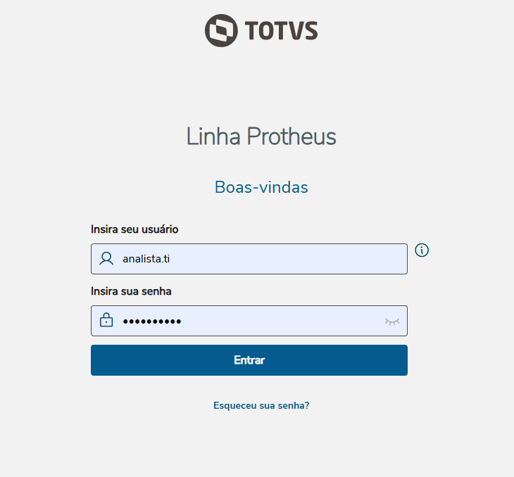 Tela de login do ambiente TOTVS