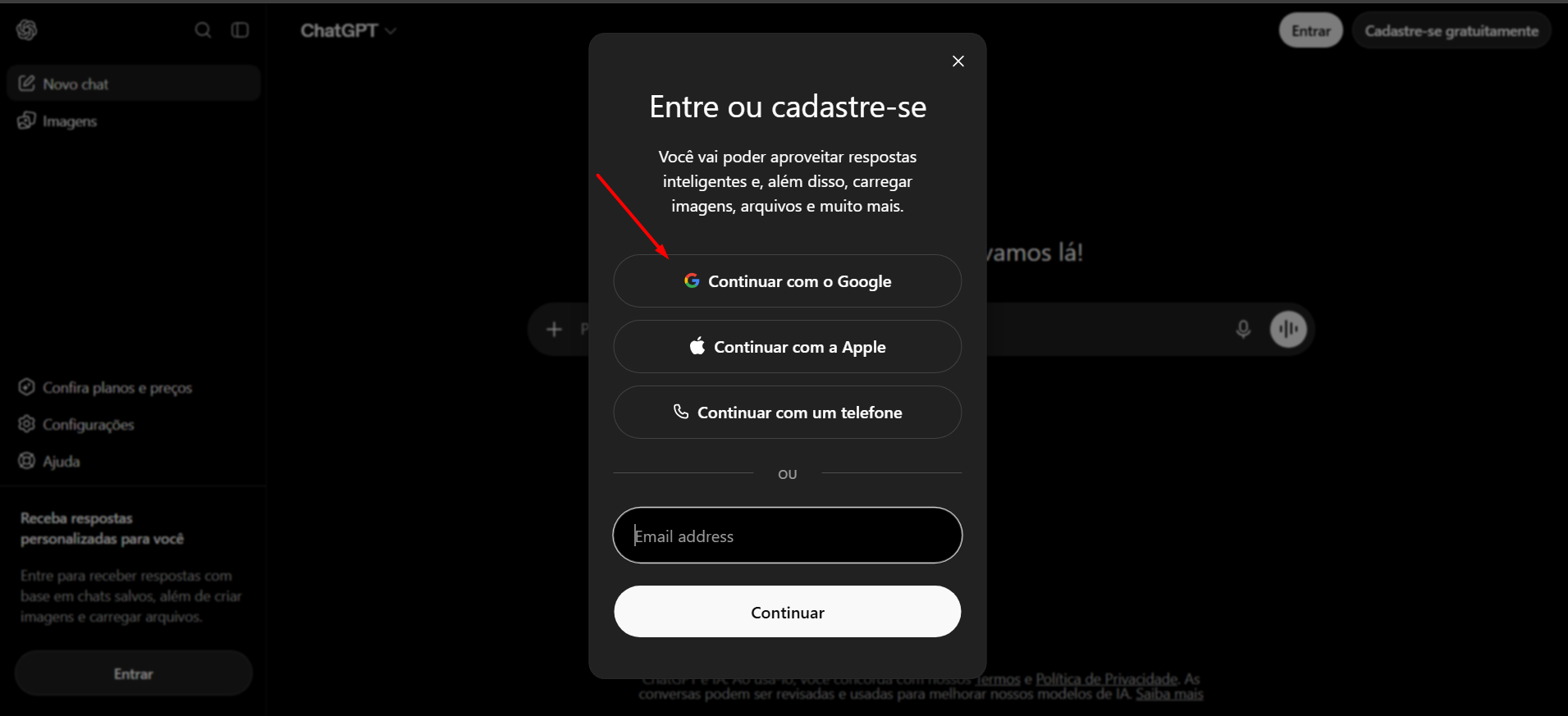 Tela de login do ChatGPT com a opcao Continuar com o Google