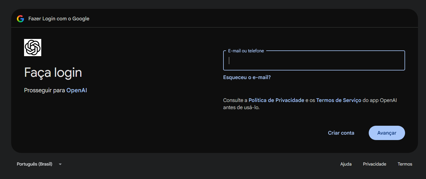 Tela de login do Google usada para entrar no ChatGPT