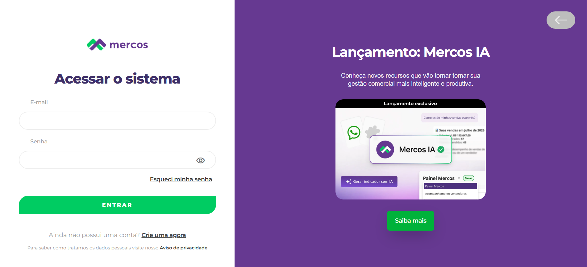 Tela de login do Mercos